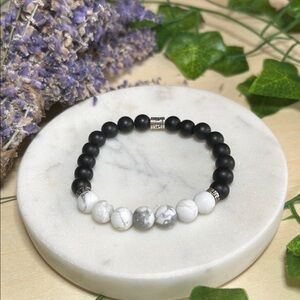 White Howlite and Matte Black Tourmaline stretch gemstone bracelet